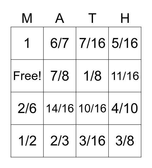 Linear Fractions Bingo Card