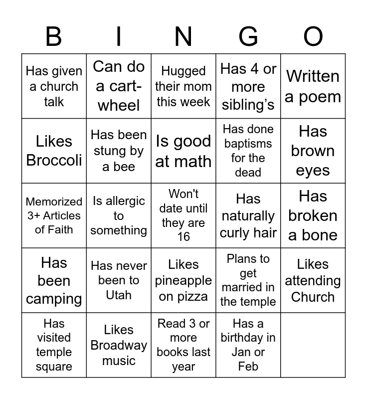 Desert Wells YM/YW Bingo Card