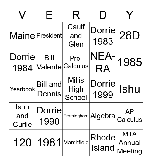 VERDY Bingo Card