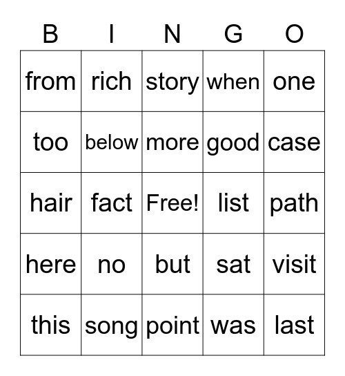 Power Word Bingo Card