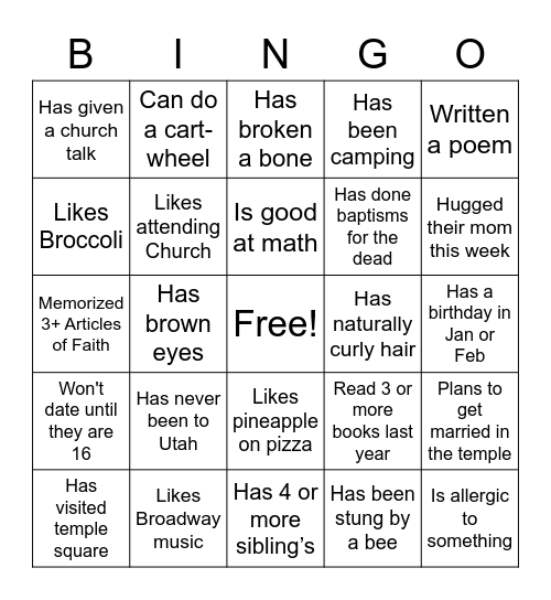 Desert Wells YM/YW Bingo Card