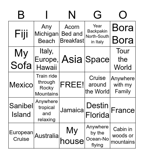 Bio Bingo Vacations Bingo Card