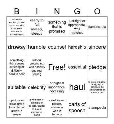 Diary of a Rising Star Vocabulary Bingo Card