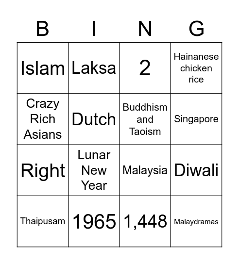 Malaysia/ Singapore Bingo Card