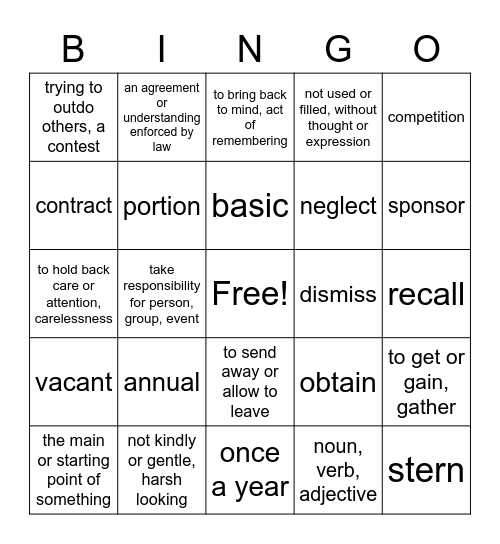 Spring Training: A New Beginning Vocabulary Bingo Card