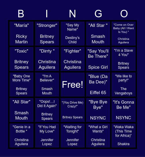 Bingo Music Hits Bingo Card