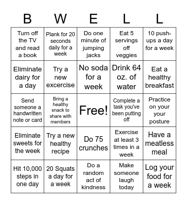 February Wellness "BINGO" Bingo Card