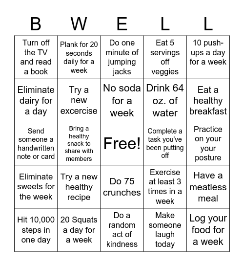 February Wellness "BINGO" Bingo Card