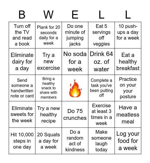 February Wellness "BINGO" Bingo Card