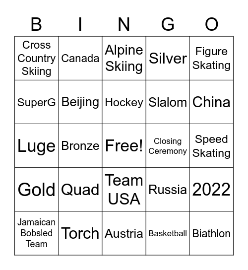 Olympics 2022 Bingo Card