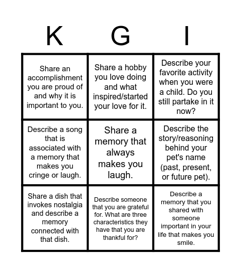 KGI Cares Bonding BINGO Card