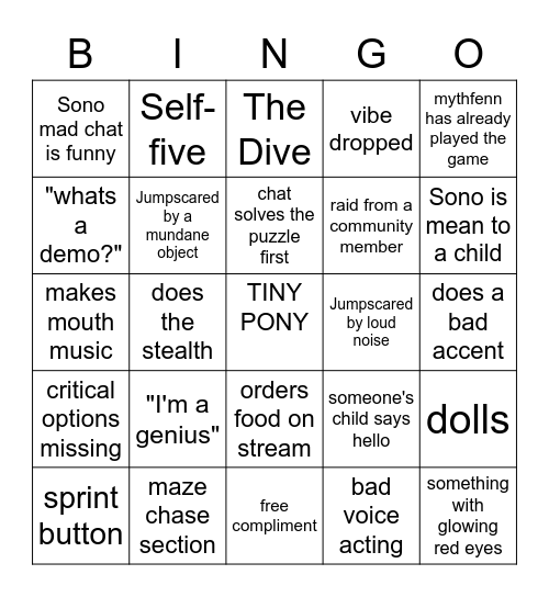 Sonoket Plays Indie Horror Bingo Card