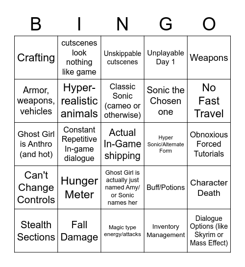 Sonic Frontiers Meme List Bingo Card