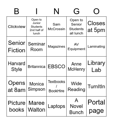 Marist Library Bingo Card