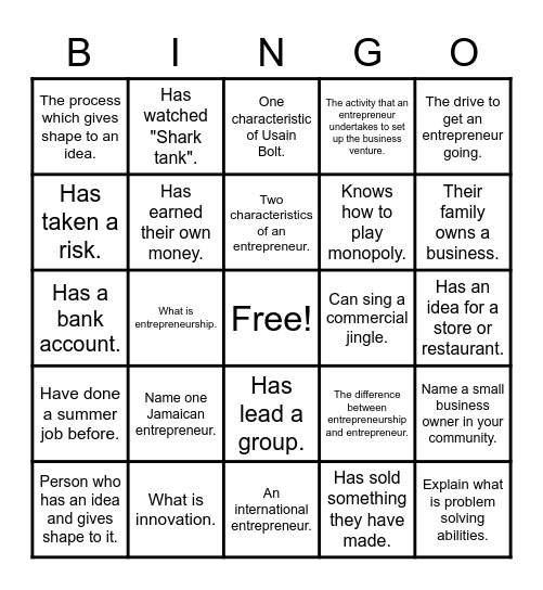 Intro to Entrepreneurship Bingo Card