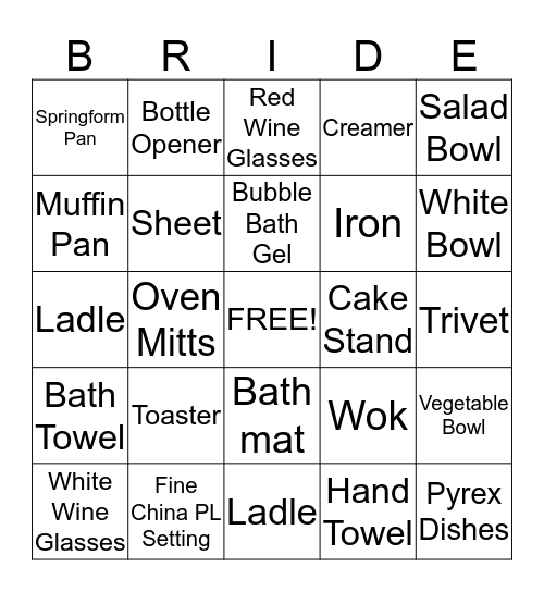 Bridal  Bingo Card