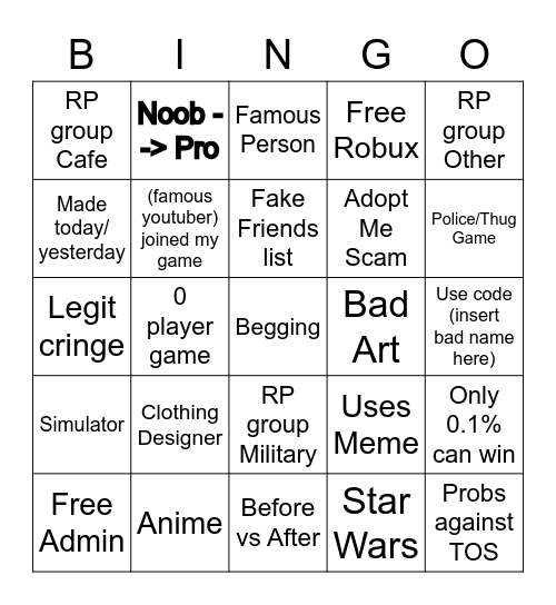 Roblox Ad Challenge Bingo Card