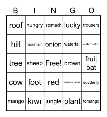 The Tomango Tree Bingo Card