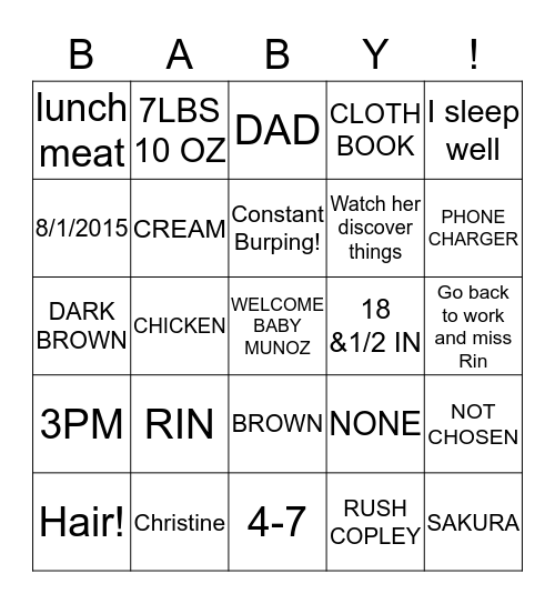 WELCOME BABY RIN!! Bingo Card