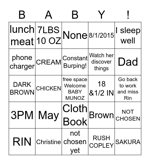 WELCOME BABY RIN!! Bingo Card