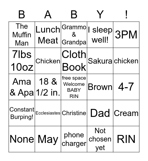 WELCOME BABY RIN! Bingo Card