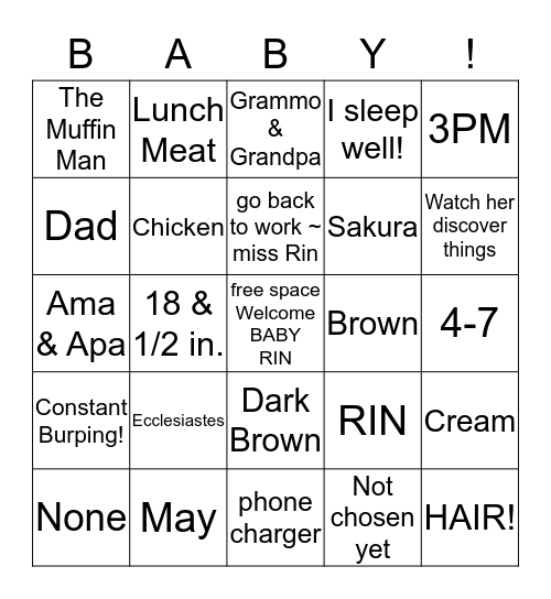 WELCOME BABY RIN! Bingo Card