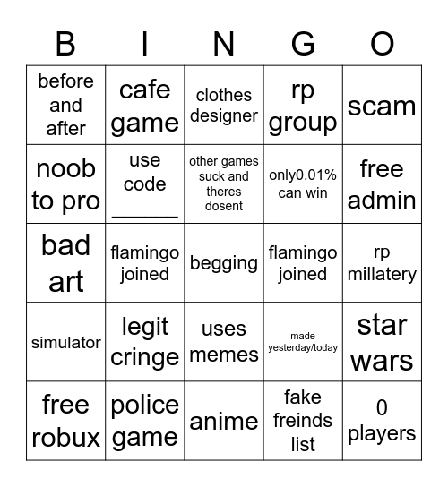 roblox ad bingo Card