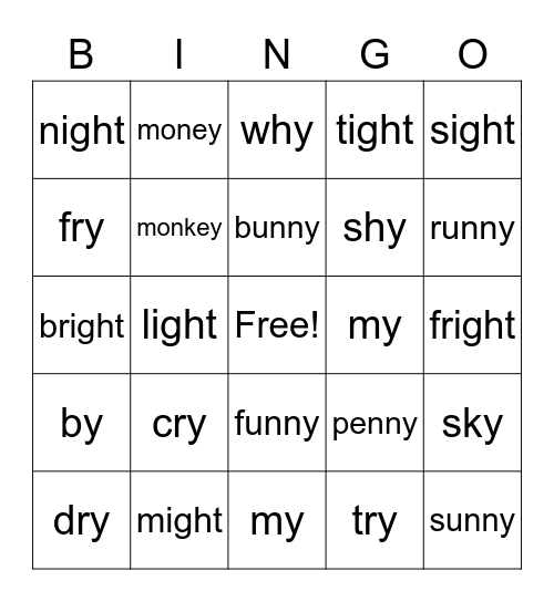 Vowel Y Bingo Card