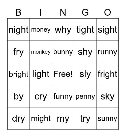 Vowel Y Bingo Card