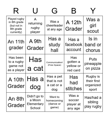 Moon Area Girls Rugby 2022 Bingo Card