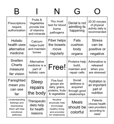 Nutrition Bingo Card