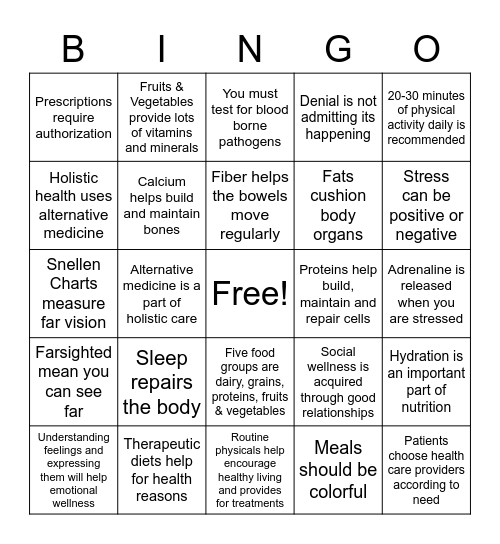 Nutrition Bingo Card