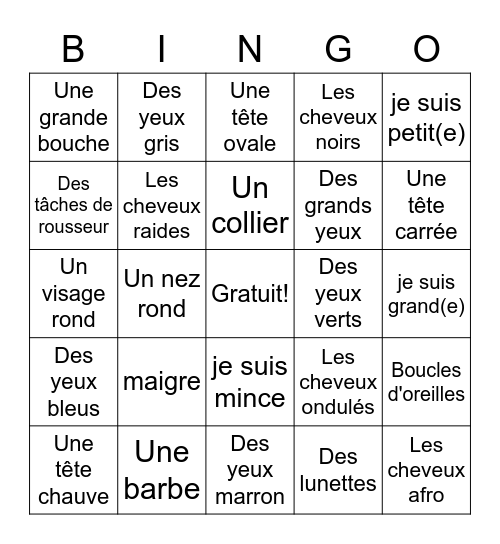 Les Descriptions Physiques Bingo Card