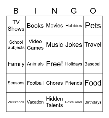 Conversation Topics Bingo Card