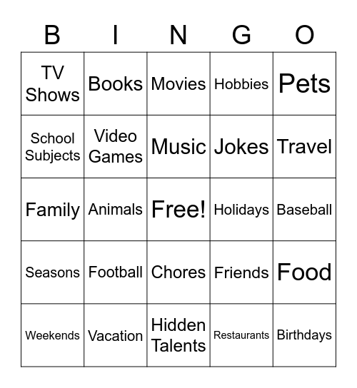 Conversation Topics Bingo Card