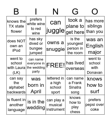 Initial Impressions ~ For each square, find someone in the room who can say "that's me!" and have them initial that square. You can use someone more than once! Bingo Card