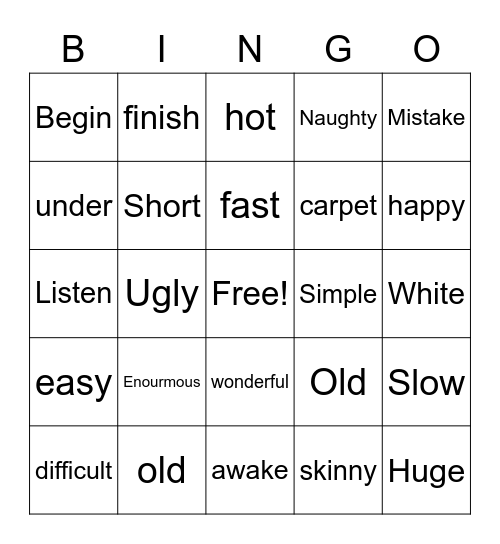 Synonyms and Antonym Bingo Card