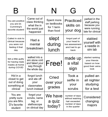 Student Nurse Bingo Card