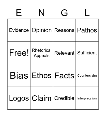 Argument Vocabulary Bingo Card