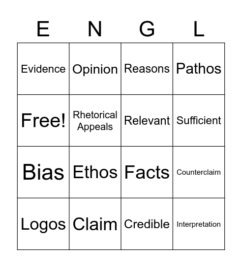 Argument Vocabulary Bingo Card