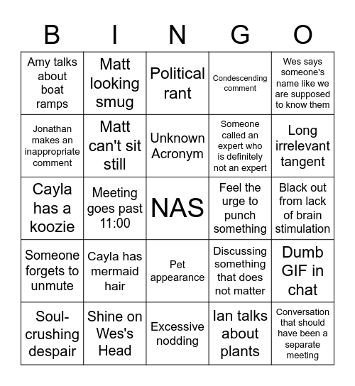 NAS Bingo Card