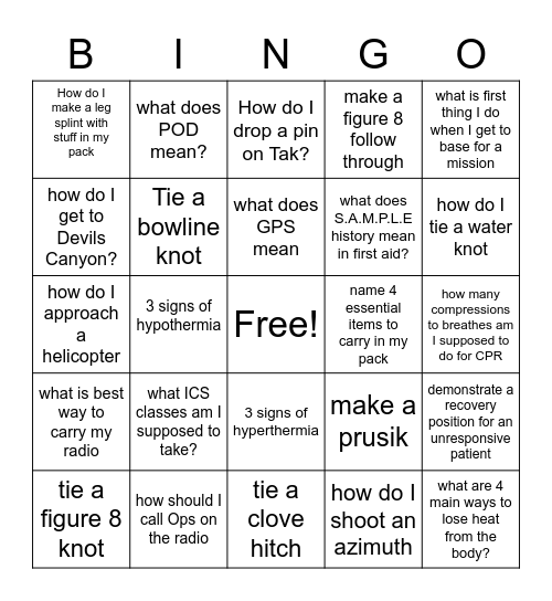 SAR Bingo Card