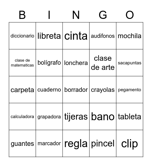 Utiles escolares Bingo Card