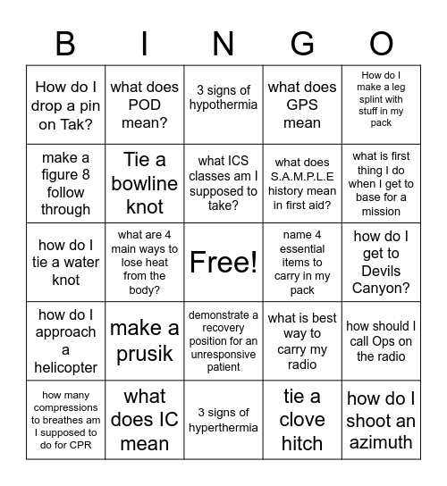 SAR Bingo Card