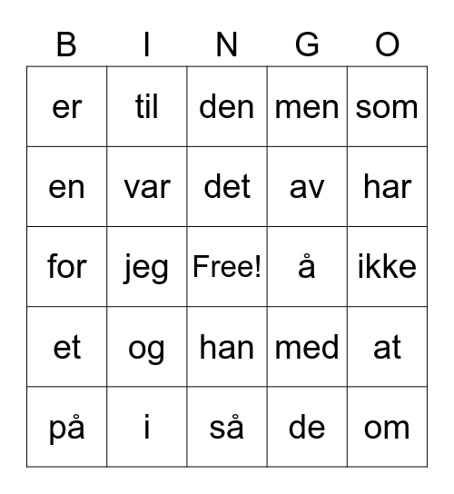 Bingo med høyfrekvente ord Bingo Card