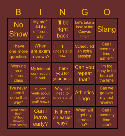 Tutoring Bingo Card
