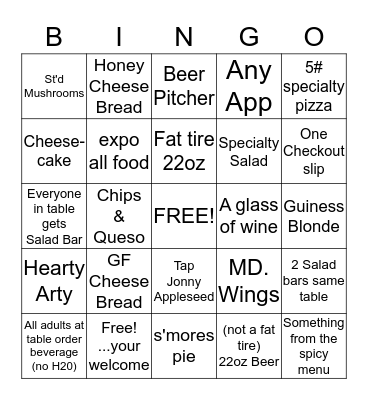 Beau Jo's Bingo Card