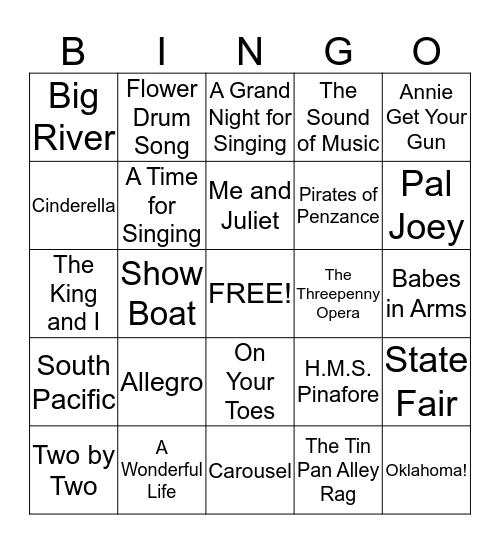 Rodgers and Hammerstein Musicals Bingo Card