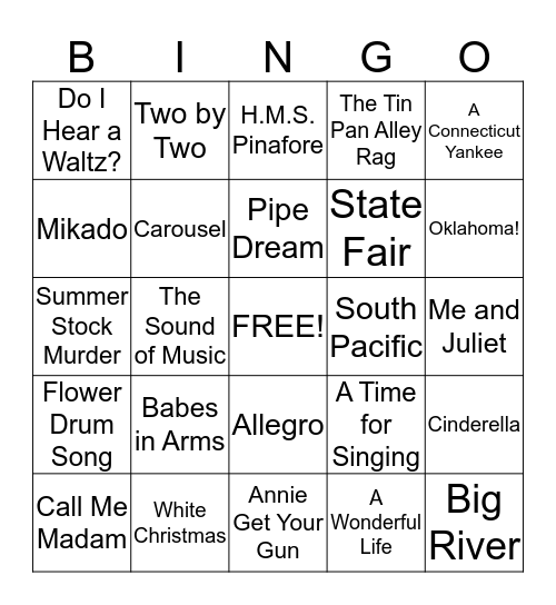 Rodgers and Hammerstien Musicals Bingo Card