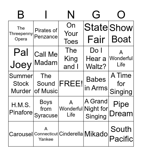 Rodgers and Hammerstein Musicals Bingo Card